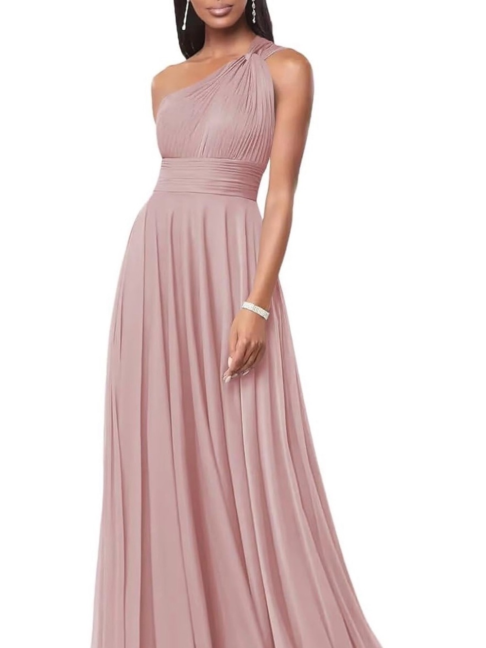 One-Shoulder Blush Pink Pleated Evening Gown